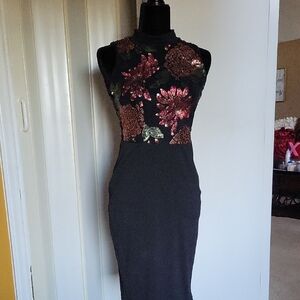 Charlotte Russe Black Midi Dress with Pink Sequin Floral Design